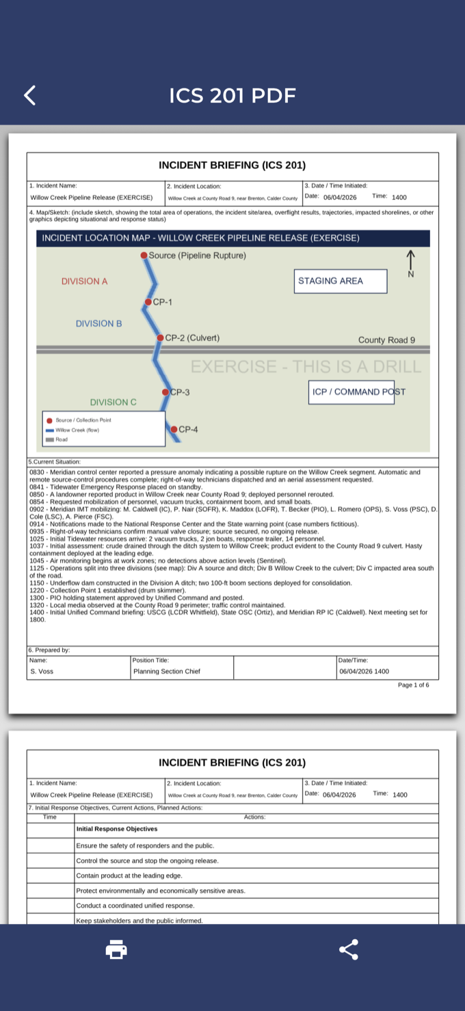 Incident Handbook Pro showing a completed ICS 201 exported to a ready-to-share PDF